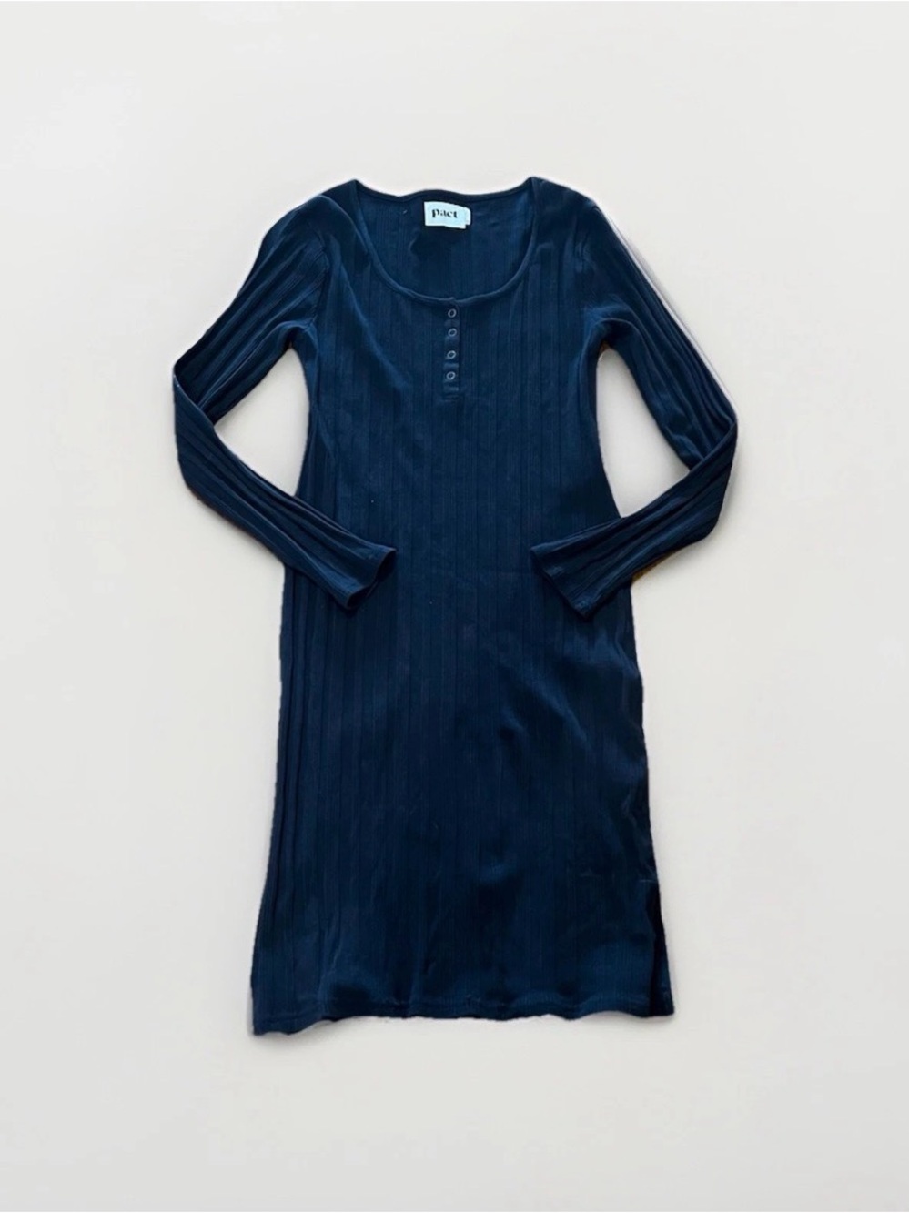 Pact Rib-Fit Henley Dress Black Size M Organic Cotton Minimalist Bodycon Midi